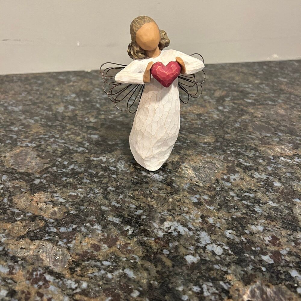 Willow Tree With Love Statue Red Heart Angel Wings EUC
